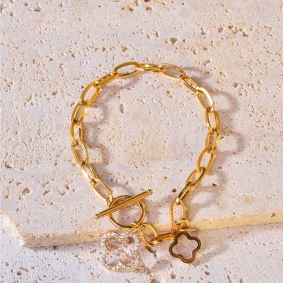 Gold Plated Stainless Steel Clover Rhinestone Bracelet - Picture 2 of 2